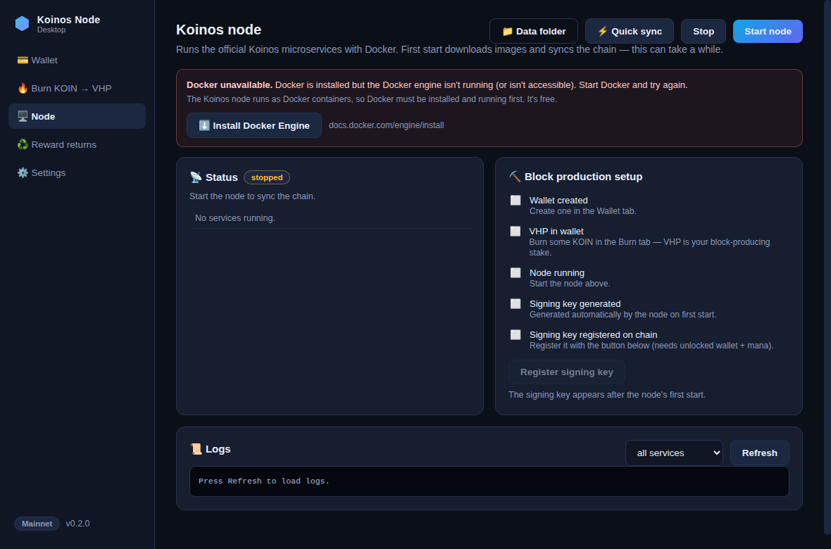 KoinosKit node control screen