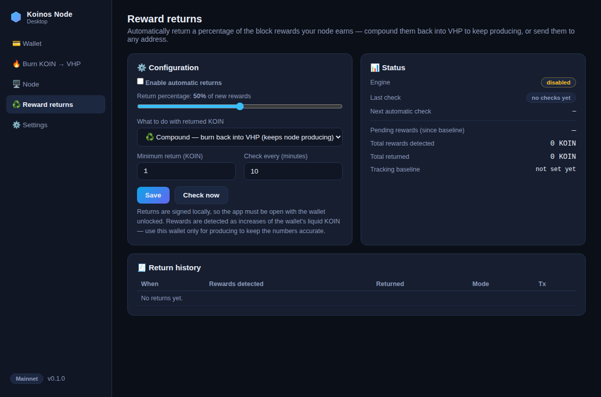 KoinosKit reward returns screen